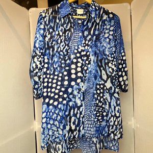 Chico's Mosaic Blue‎ Abstract Snake Skin Animal Print Sheer Tunic Blouse